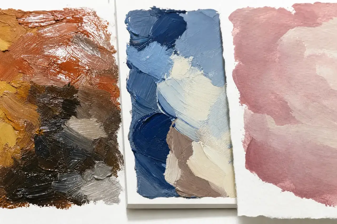 Trois échantillons de peinture, l'un aux tons terreux, l'autre aux bleus et blancs, le dernier aux roses doux. Gouache ou acrylique, les textures sont riches.