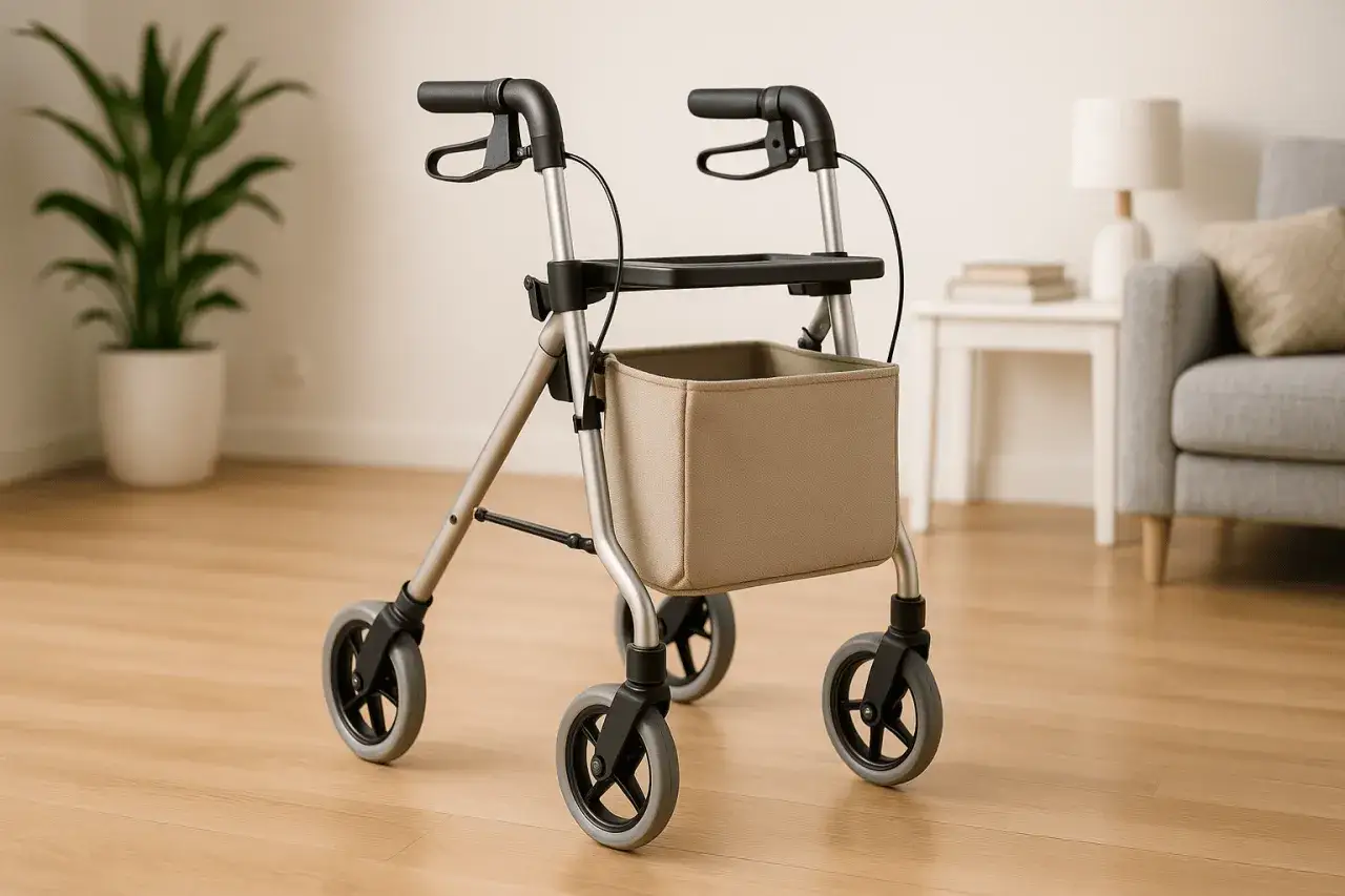 Rollator auf Rezept mit Pflegestufe 2. Ein Gehwagen mit Tasche steht auf einem Holzboden, daneben ein Sessel und eine Pflanze.