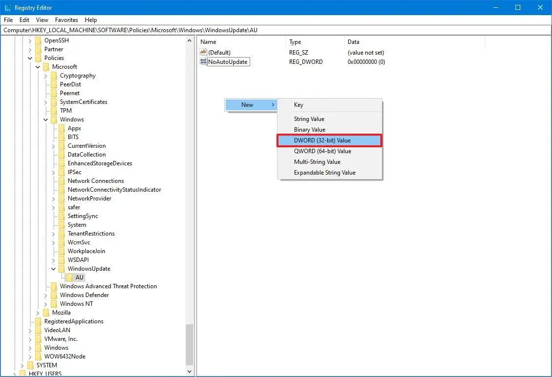 Edytor Rejestru Windows NoAutoUpdate