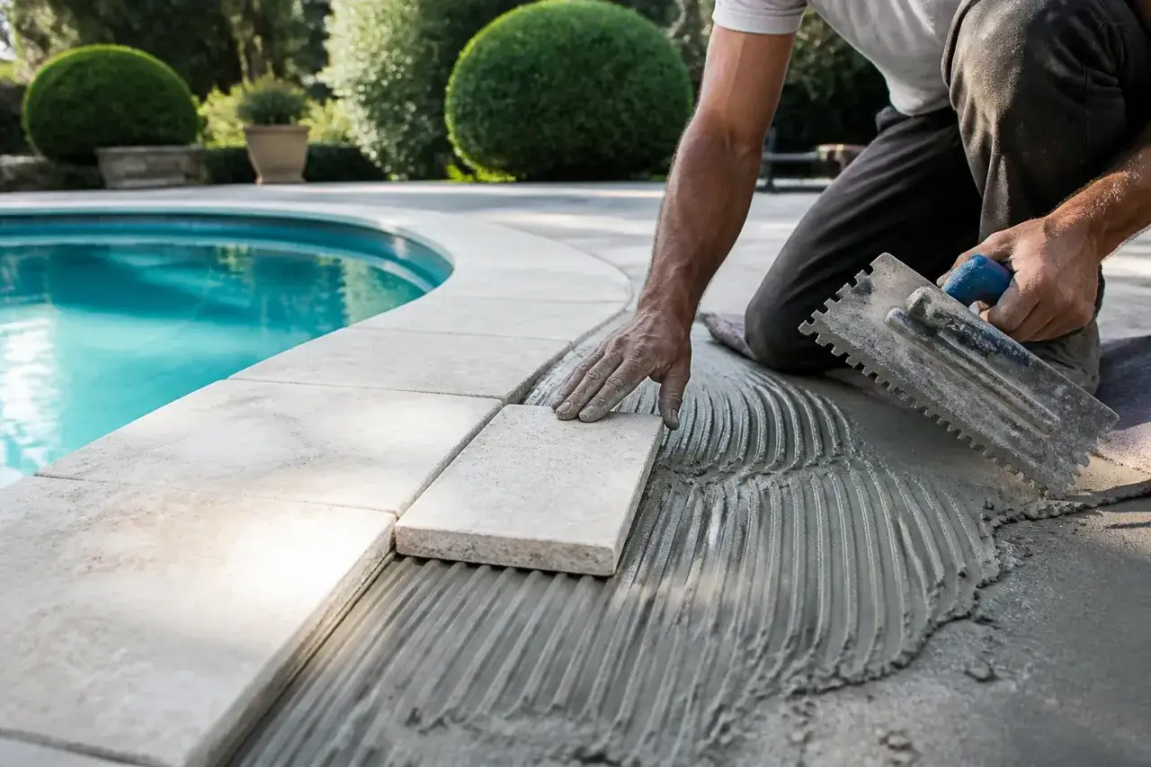 Pose d'une margelle de piscine. Un ouvrier pose des carreaux sur du mortier frais, près de l'eau bleue.