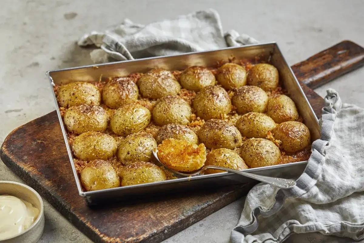 Ugnsbakade småpotatisar med parmesan, gyllene och krispiga. En härlig potatiskaka med parmesan som ser fantastisk ut.