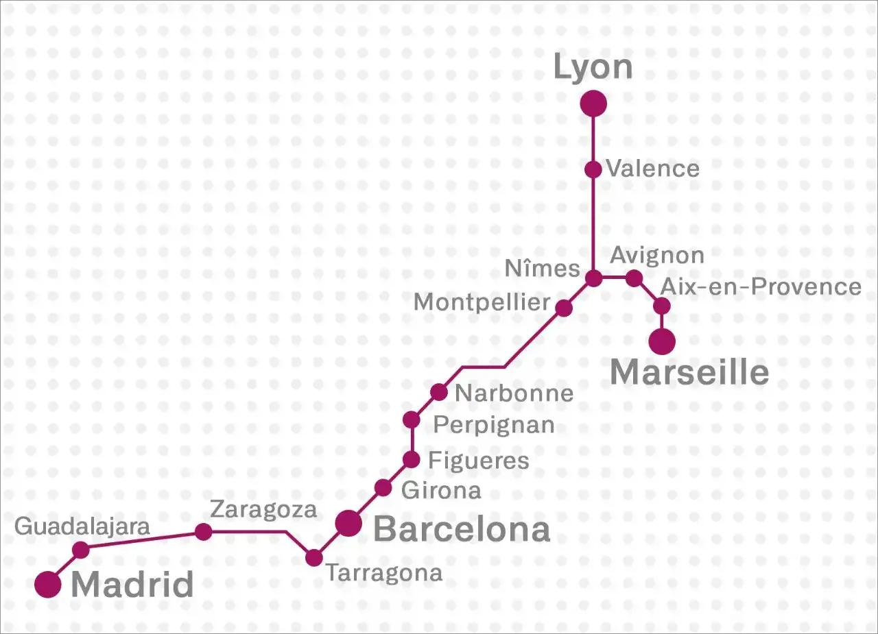 Karte zeigt eine AVE Zug-Linie von Madrid über Zaragoza und Barcelona nach Lyon und Marseille.