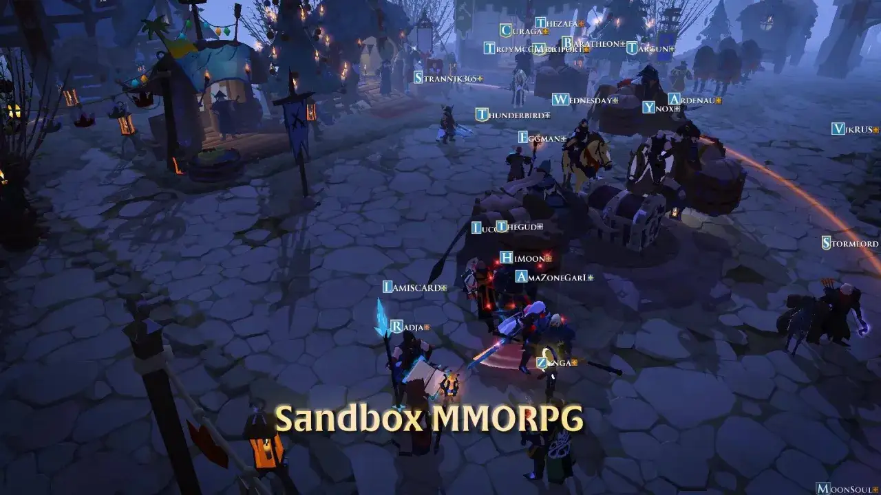 Gracze w Albion Online na Androidzie spotykają się w tętniącym życiem mieście, gotowi na przygody w tym sandbox MMORPG.