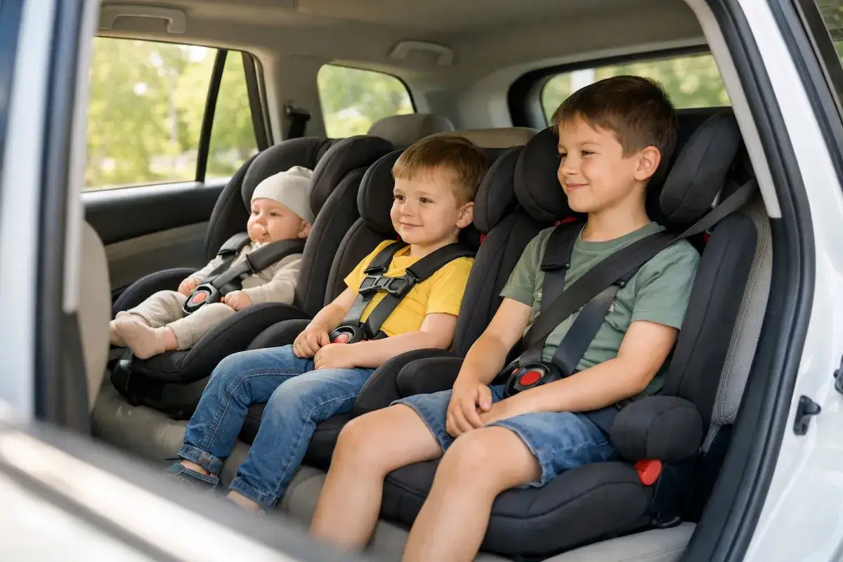 Tre bambini, un neonato e due più grandi, seduti in seggiolini auto conformi alla normativa, pronti per un viaggio sicuro.