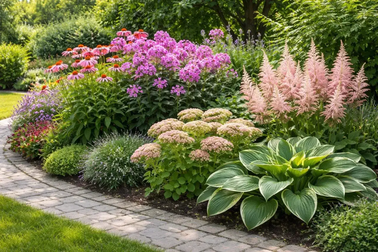 Ein bl&uuml;hender Gartenweg mit bunten, winterharten Sommerstauden wie Phlox, Purpursonnenhut und Astilben.