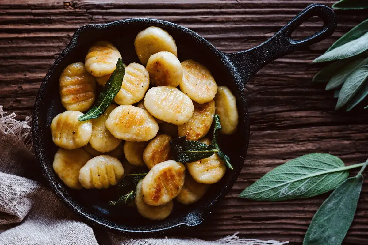 Goldbraune Gnocchi-Pasta in einer Gusseisenpfanne, garniert mit Salbeibl&auml;ttern. Ein k&ouml;stlicher Anblick!