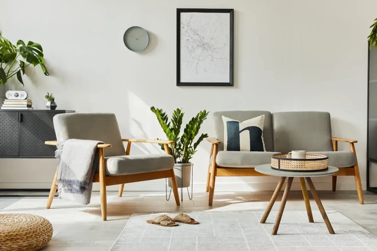 Salon w stylu retro inspiracje: szare fotele, sofa, stolik kawowy, roślina i grafika na ścianie.