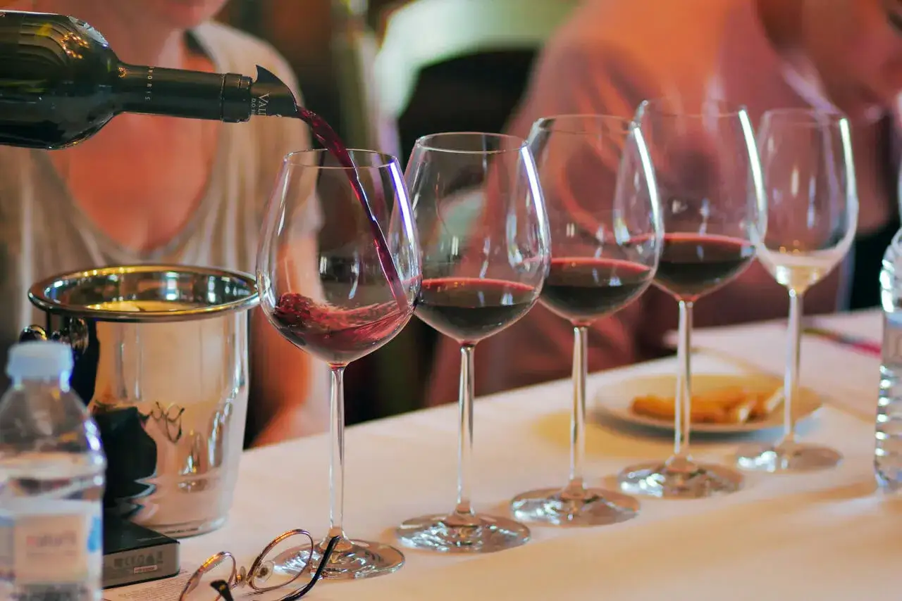 Degustación de los mejores añadas Ribera del Duero. Vino tinto sirviéndose en copas, con cubitera y agua.