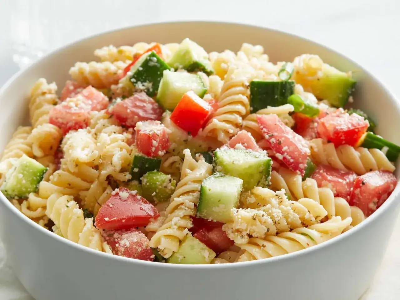 Kolorowa sałatka z makaronem fusilli, pomidorami i ogórkiem, posypana serem. Idealna sałatka z makaronem na szybko.
