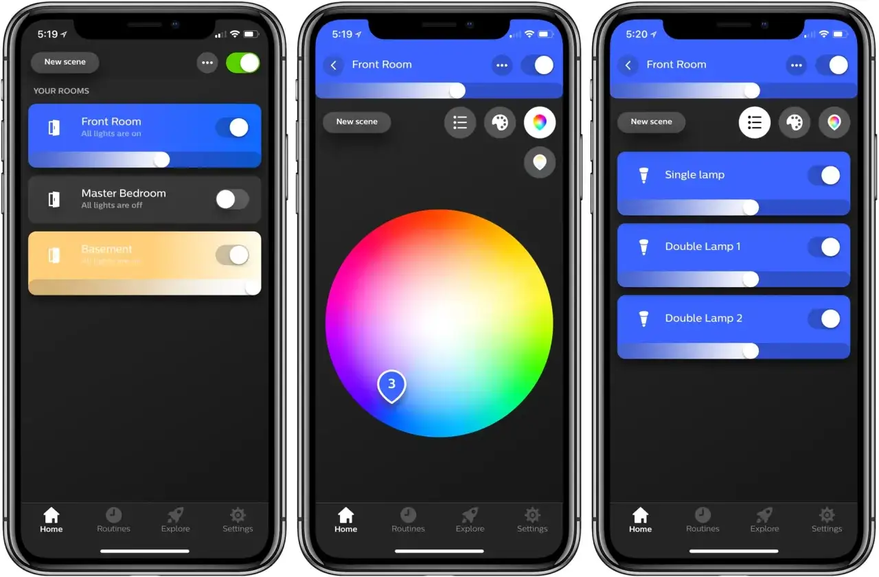 App-sk&auml;rmar visar Philips Hue-kontroller f&ouml;r rum och lampor. En sk&auml;rm visar en f&auml;rgkarta, en annan visar rum som 