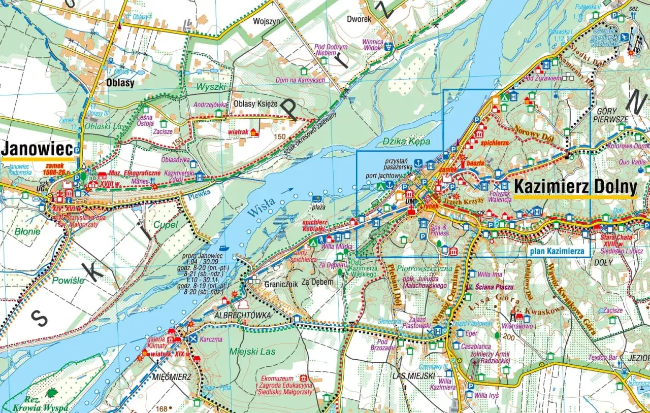Mapa pokazuje, gdzie leży Kazimierz Dolny nad Wisłą, z zaznaczonymi zabytkami, szlakami i okolicznymi miejscowościami jak Janowiec.