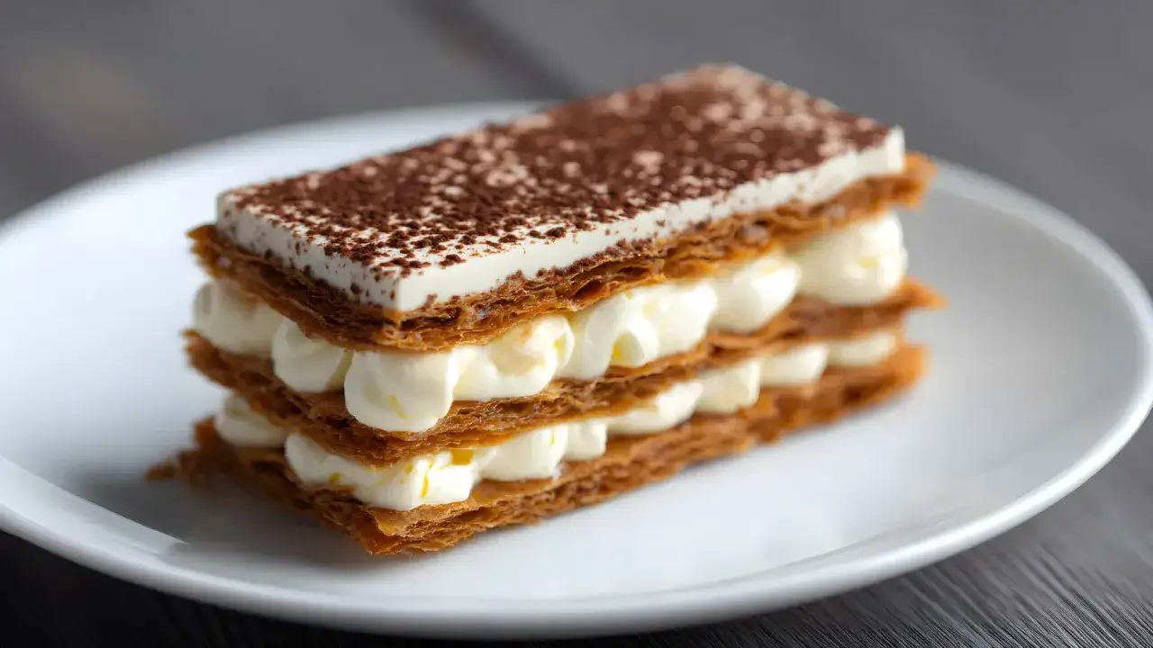 Un goloso millefoglie al cioccolato con strati di pasta sfoglia croccante e crema vellutata, spolverato di cacao.