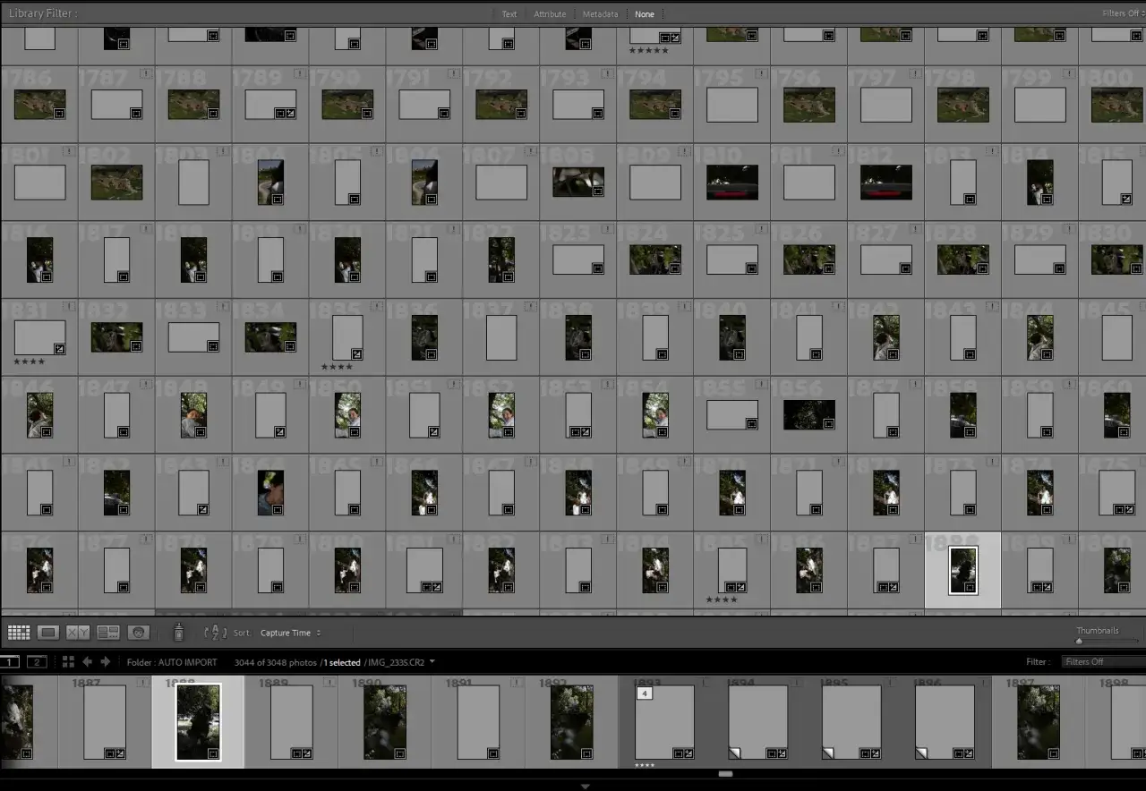 Interface Lightroom : plusieurs vignettes de photos, certaines avec un point d'exclamation indiquant un 