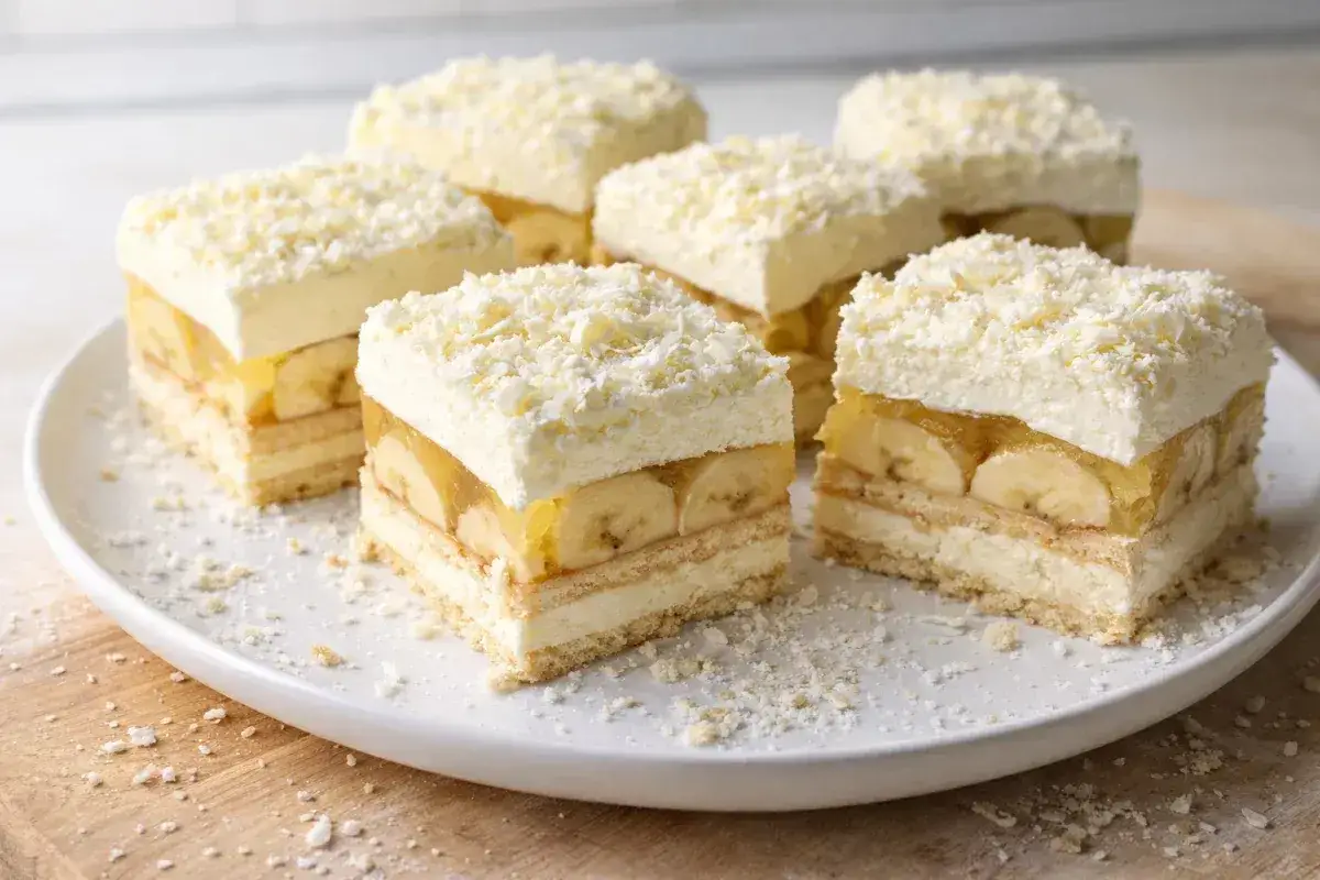 Pyszna krajanka bananowa z bitą śmietaną i galaretką, posypana wiórkami białej czekolady.