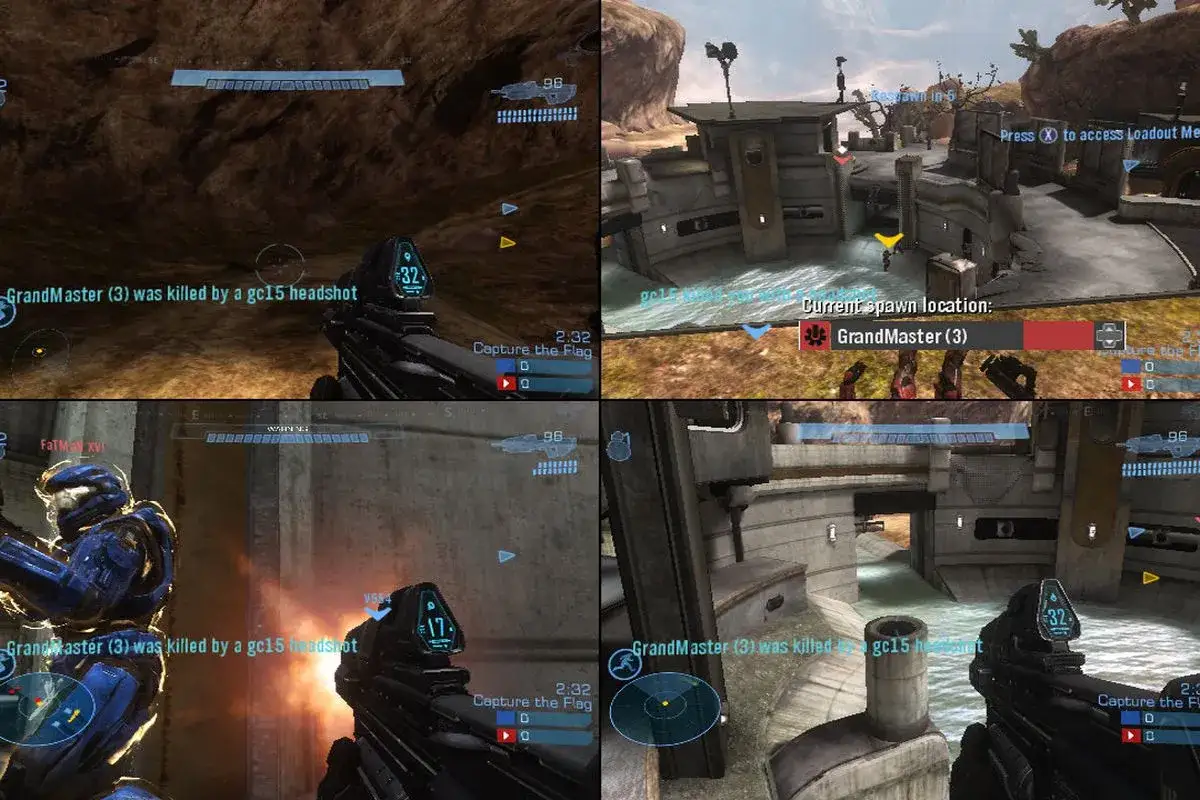 Cztery widoki z gry Halo, pokazujące akcję w trybie Capture the Flag. Widać graczy w zbrojach i interfejs gry, idealne dla fanów fajne gry multiplayer.