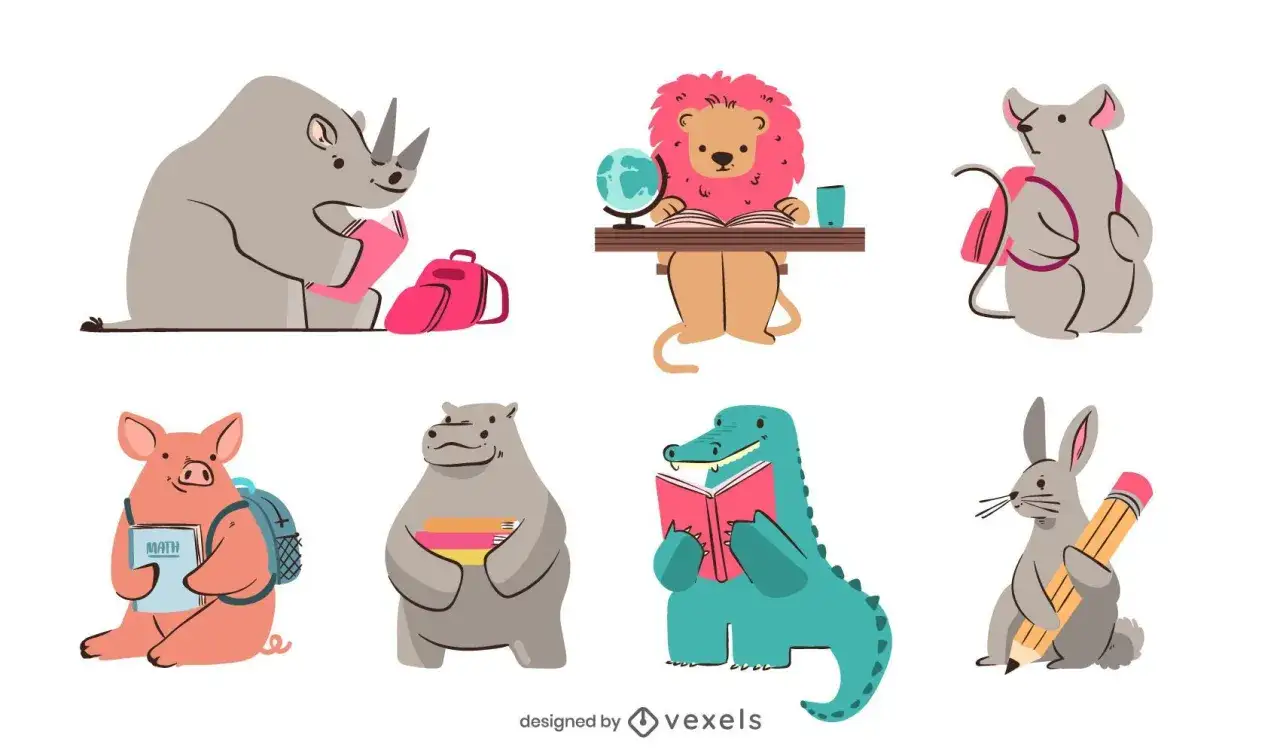 Ilustraci&oacute;n de varios animales, como un rinoceronte, un le&oacute;n y un cerdo, aprendiendo. Estos animales en ingl&eacute;s est&aacute;n listos para la escuela.