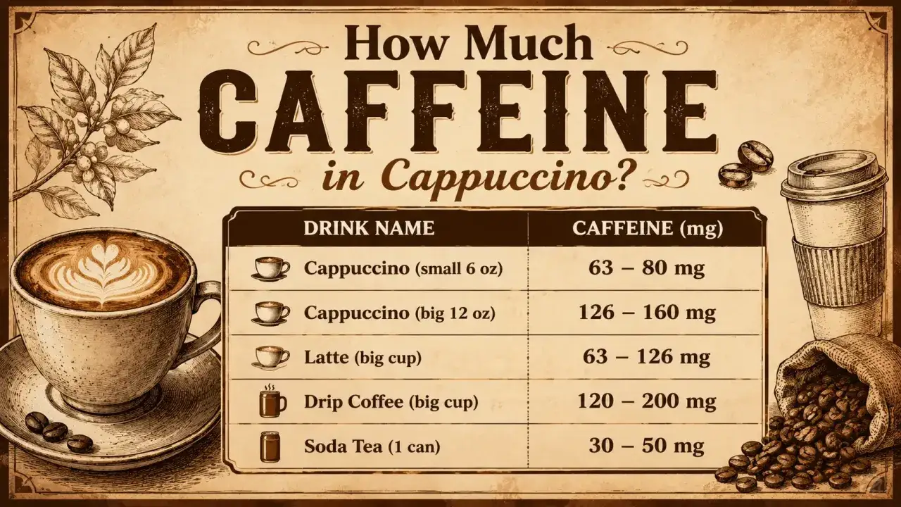 Tabela pokazuje, czy cappuccino ma kofeinę: ma jej od 63 do 160 mg, zależnie od wielkości.