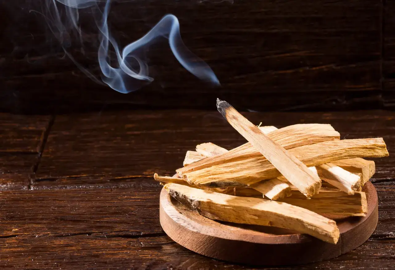 Mont&oacute;n de astillas de palo santo humeando sobre una base de madera oscura. El humo blanco se eleva en espirales, evocando la tradici&oacute;n de **de donde se saca el palo santo**.