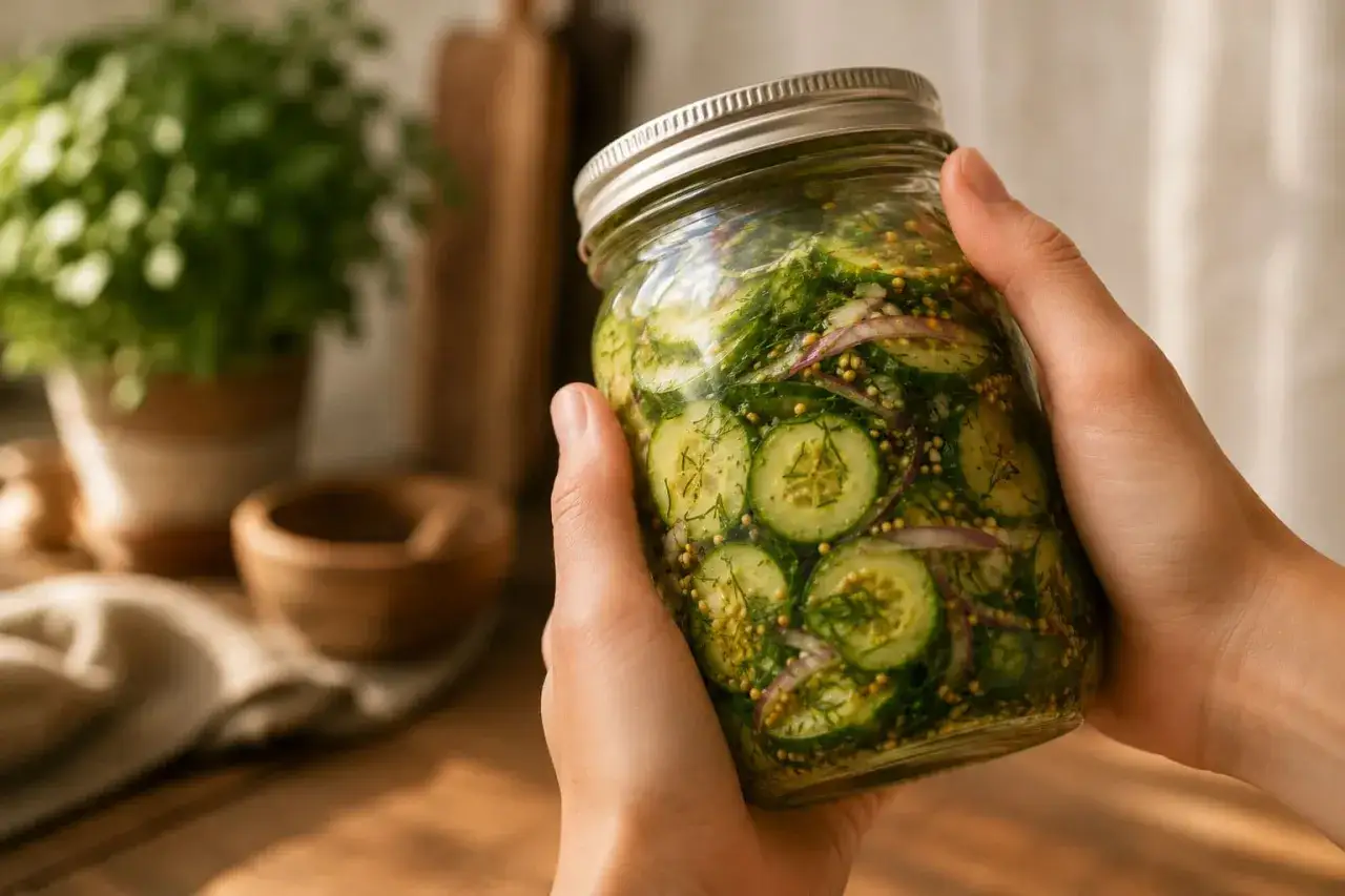 Hände halten ein Glas mit eingelegten Gurkenscheiben, Zwiebeln und Dill. Perfekt für ein schnellgurken rezept.