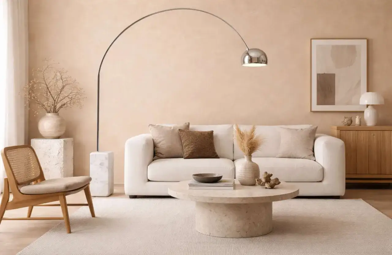 Soggiorno con divano bianco, lampada ad arco e tavolino rotondo, circondato da iconici oggetti di design famosi.