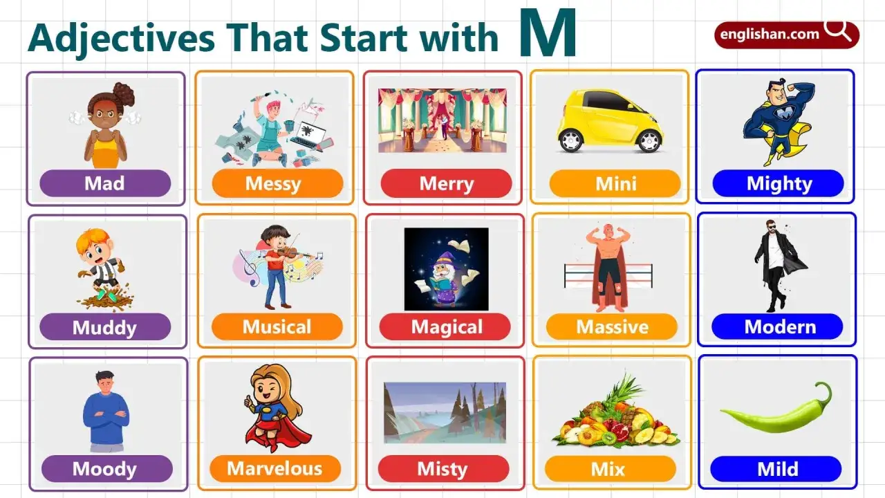 Una griglia di aggettivi con la M: Mad, Messy, Merry, Mini, Mighty, Muddy, Musical, Magical, Massive, Modern, Moody, Marvelous, Misty, Mix, Mild.