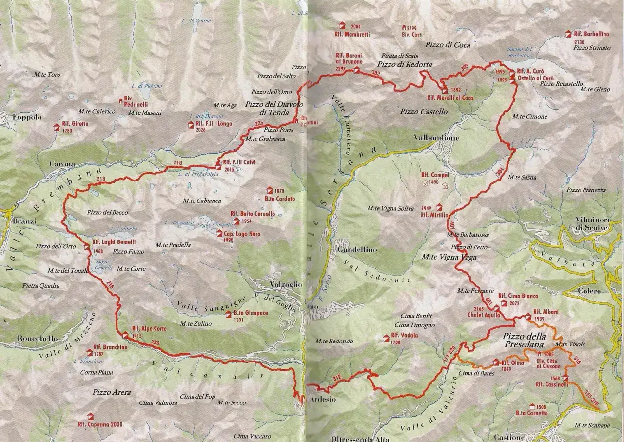 Mappa del sentiero delle Orobie, con sentieri rossi che attraversano valli e cime come il Pizzo Coca e la Presolana.