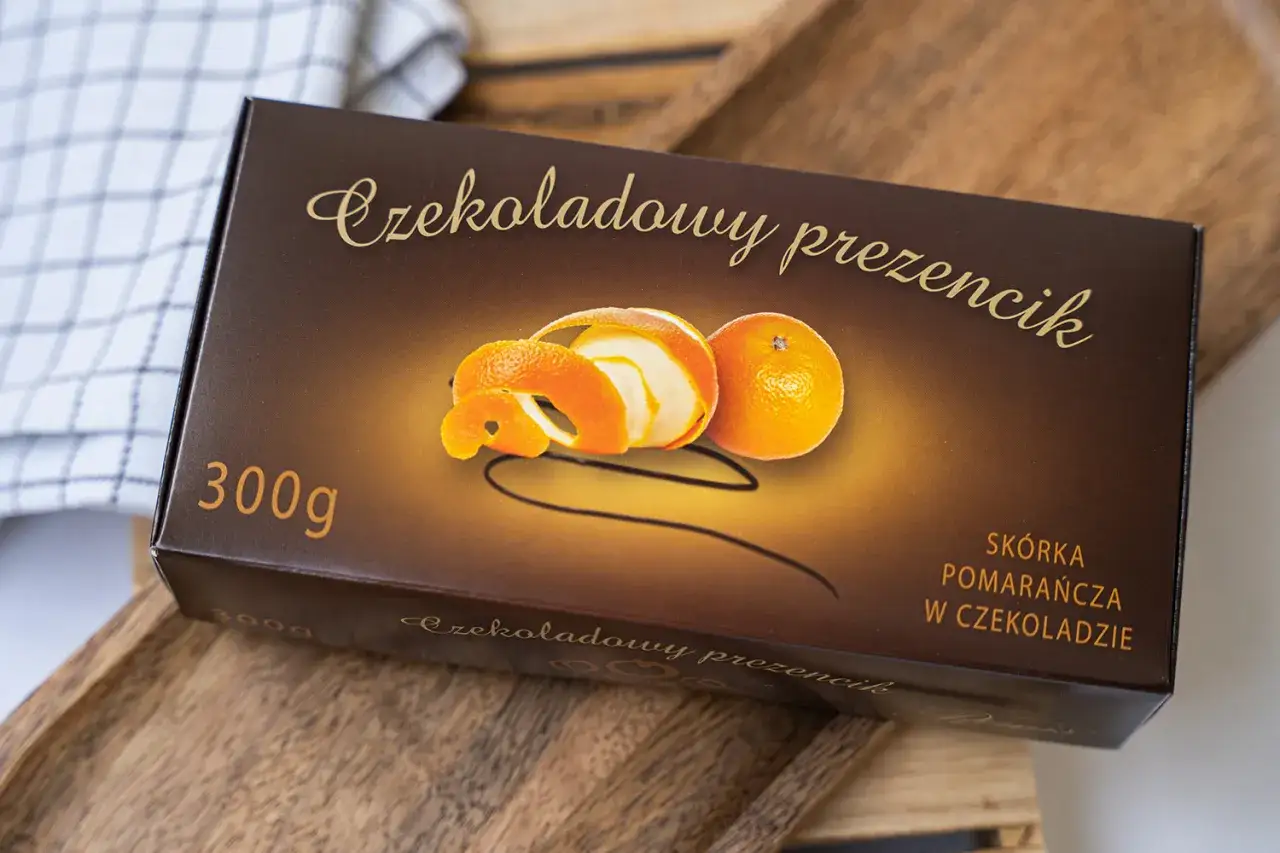 Czekoladowy prezent z pomarańczą w czekoladzie. Skórka pomarańczowa w czekoladzie, 300g.