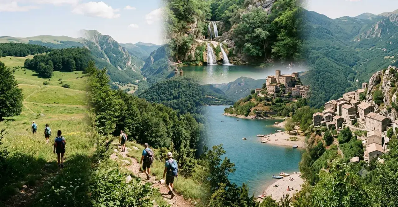 Escursionisti tra le verdi montagne nel Lazio, con cascate, un lago azzurro e un borgo medievale arroccato.