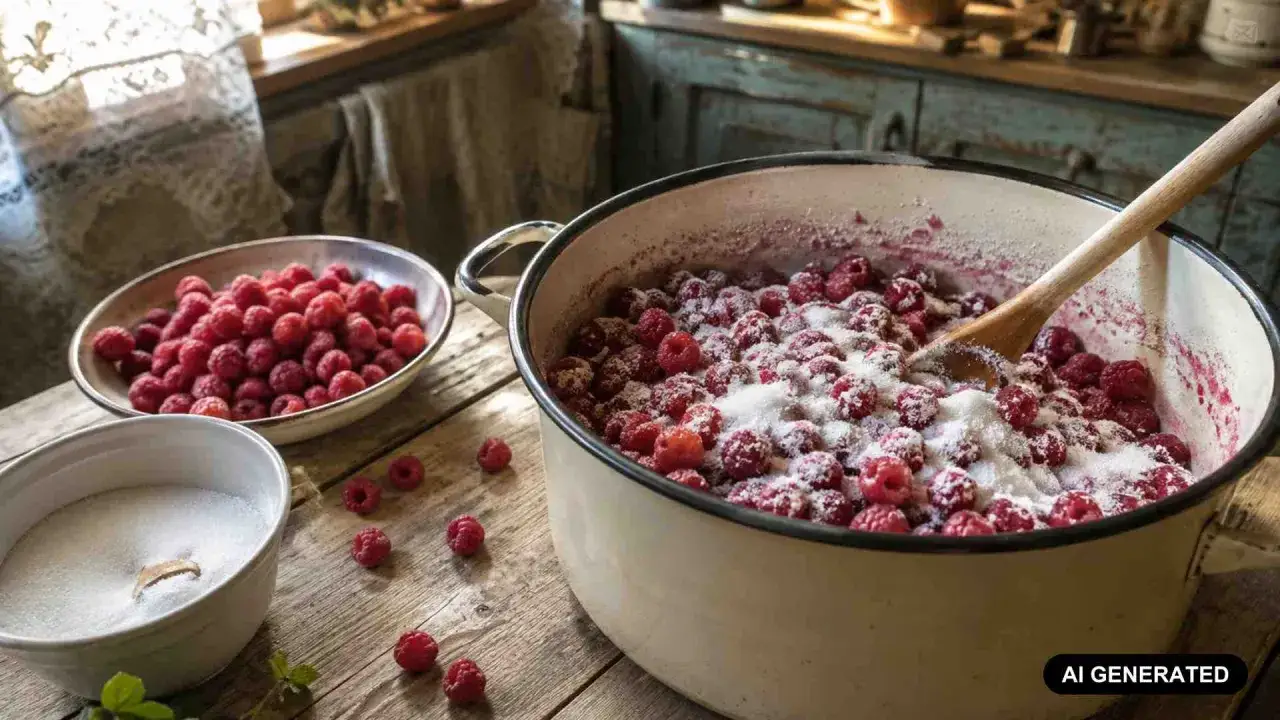 Maliny z cukrem w garnku, gotowe do pasteryzacji. Dowiadujemy się, ile pasteryzować sok z malin, by był pyszny i trwały.