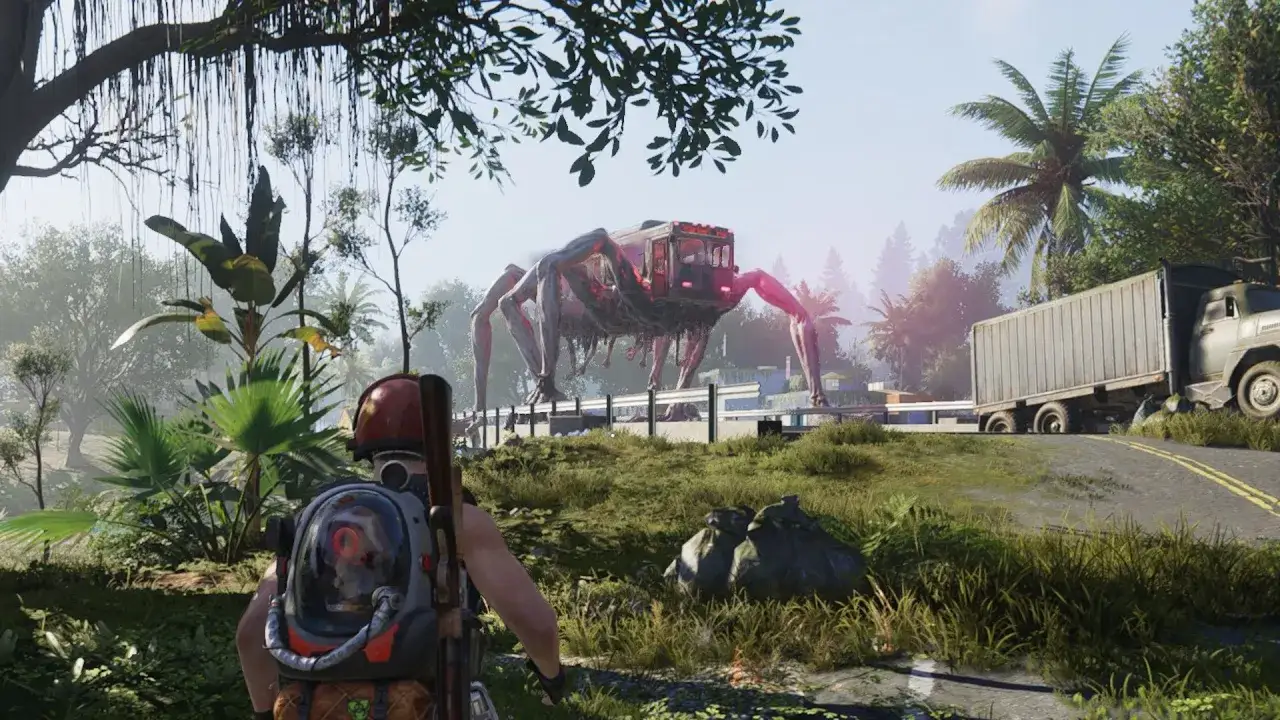 Ein Spieler in Once Human PS5 blickt auf eine riesige Spinnenmaschine, die auf einer Stra&szlig;e steht. Ein LKW ist daneben zu sehen.