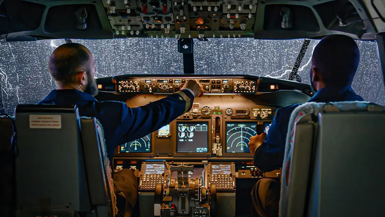 Piloci walczą z potężnymi turbulencjami w samolocie podczas burzy z piorunami.