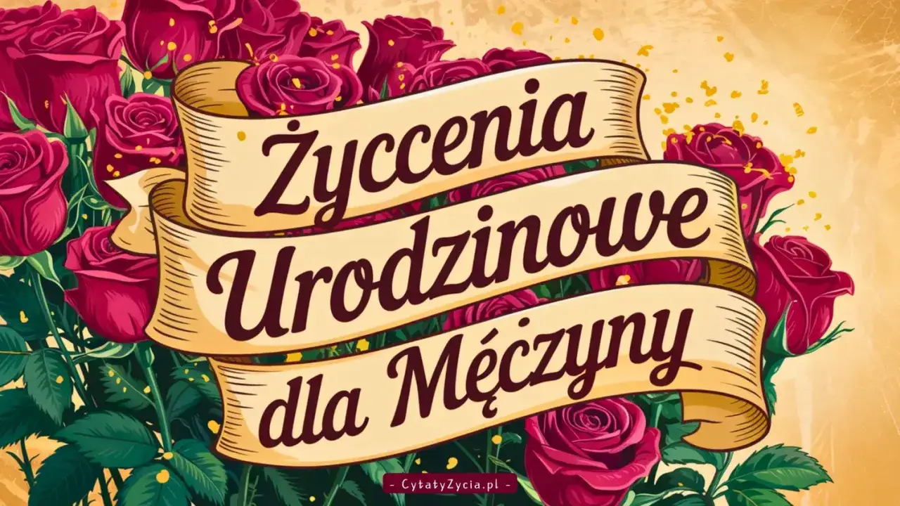 Bukiet czerwonych róż otacza wstęgę z napisem
