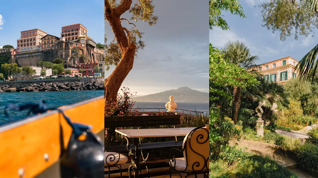 Vista di Sorrento, Vesuvio e un giardino lussureggiante. Il testo 