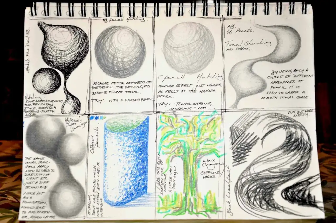 Sketchbook page with various mark making examples, including pencil hatching, tonal shading, and stippling.