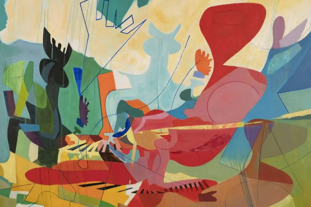Un lienzo vibrante de abstracci&oacute;n l&iacute;rica, con formas org&aacute;nicas y l&iacute;neas fluidas en tonos pastel y primarios, evocando una danza de colores y emociones.