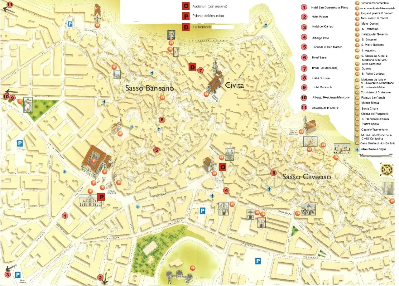 Map of Matera, Italy, showing Sasso Barisano and Sasso Caveoso districts with numbered points of interest and a legend.