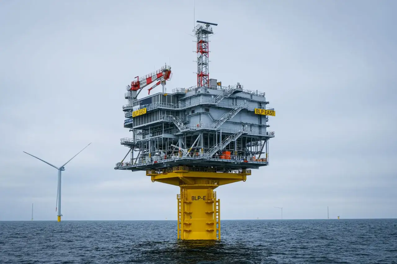 Platforma wiatrowa BLP EAST na morzu, obok widać wiatraki. Ile jest wiatraków w Polsce? To pytanie nabiera znaczenia, gdy patrzymy na rozwój energetyki wiatrowej.