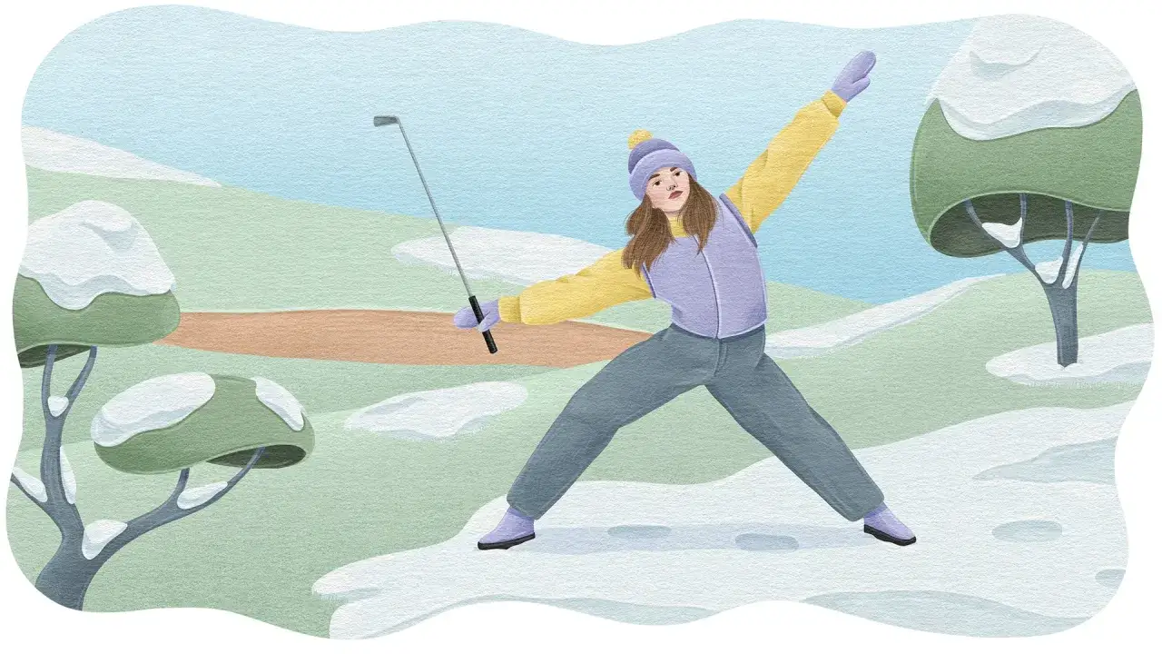 En person med golfklubba i sn&ouml;ig terr&auml;ng, redo f&ouml;r golf vinter.