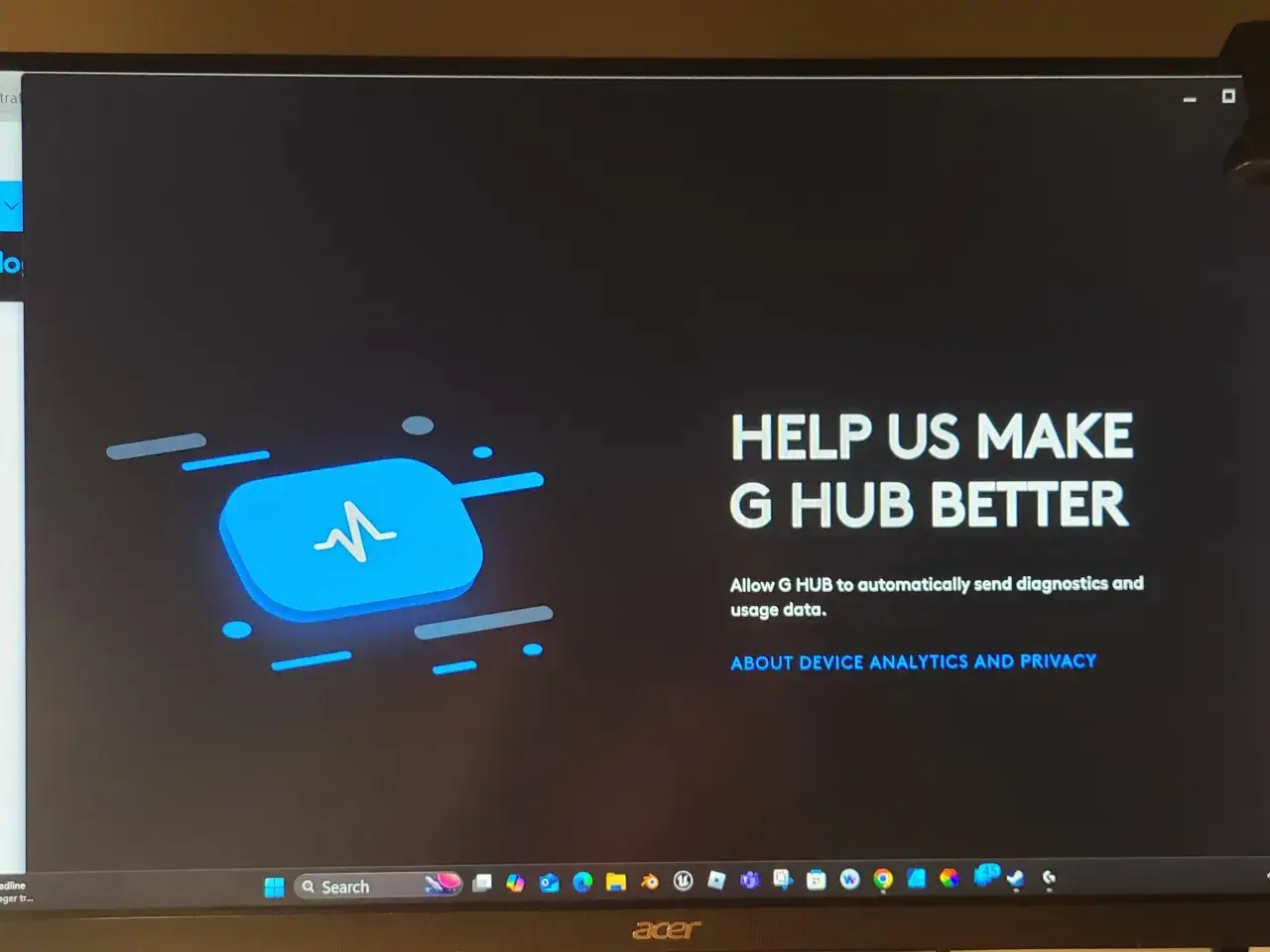 Logitech G Hub startet nicht. Der Bildschirm zeigt eine Aufforderung, G Hub besser zu machen, indem Diagnosedaten gesendet werden.
