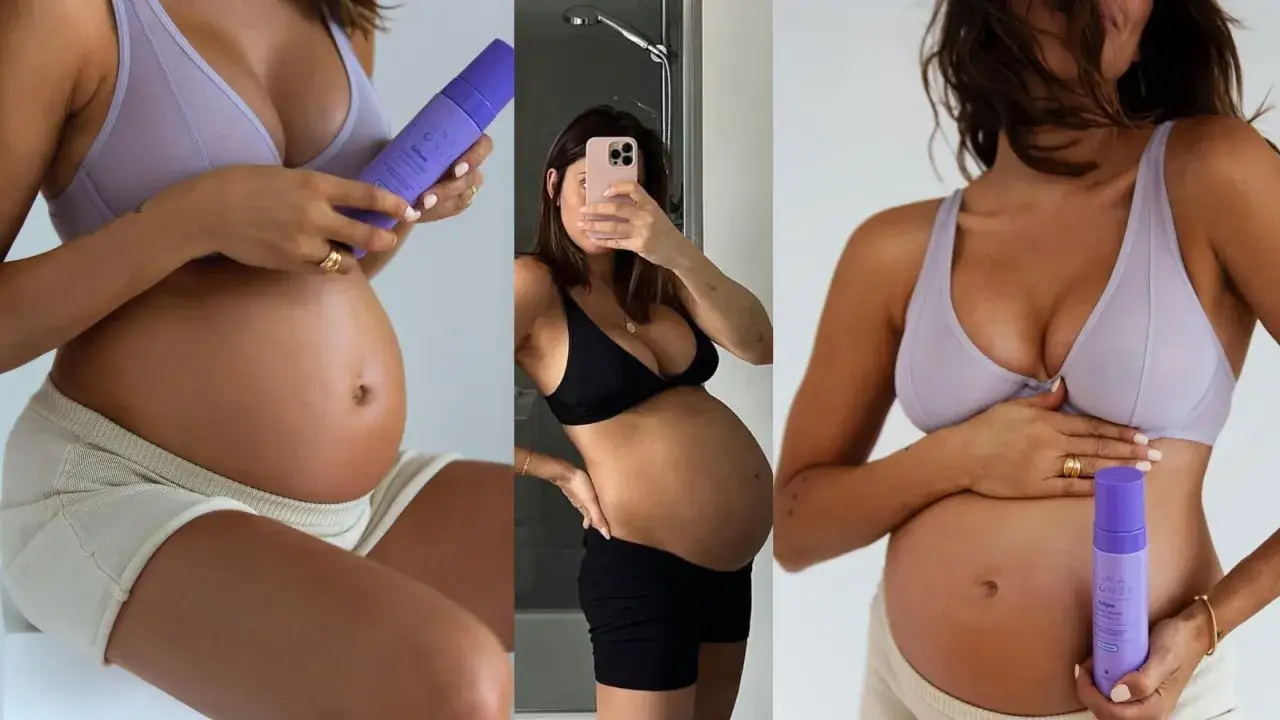 Ciąża a solarium: przyszła mama z opaloną skórą trzymająca piankę samoopalającą. Bezpieczne metody na piękny kolor.
