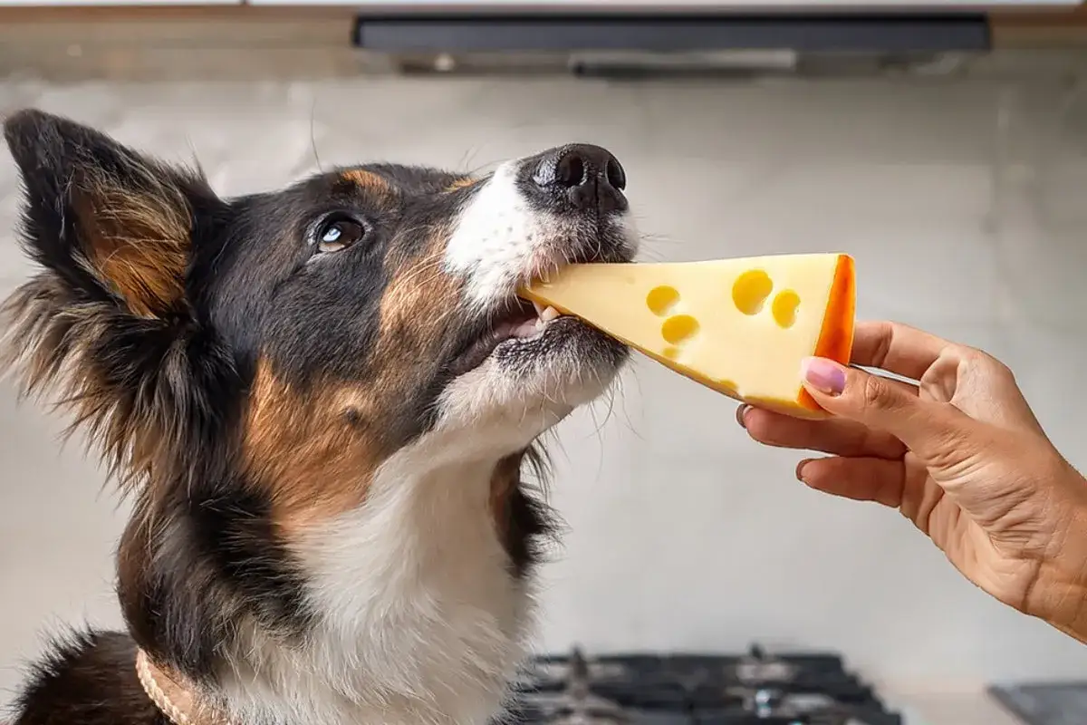 Un perro border collie disfruta de un trozo de queso suizo. &iexcl;S&iacute;, los perros pueden comer queso con moderaci&oacute;n!