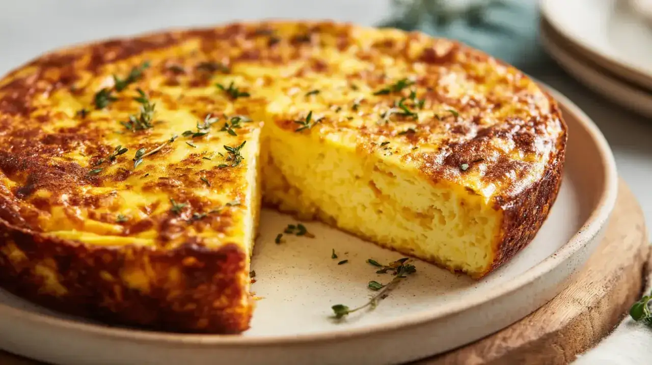 Une d&eacute;licieuse quiche sans p&acirc;te dor&eacute;e, garnie de thym frais, pr&ecirc;te &agrave; &ecirc;tre d&eacute;gust&eacute;e.