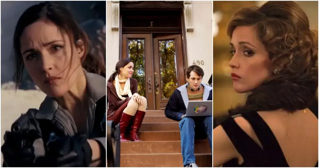Trzy sceny z filmów z Rose Byrne: w akcji z bronią, na schodach z laptopem i w eleganckiej sukni.