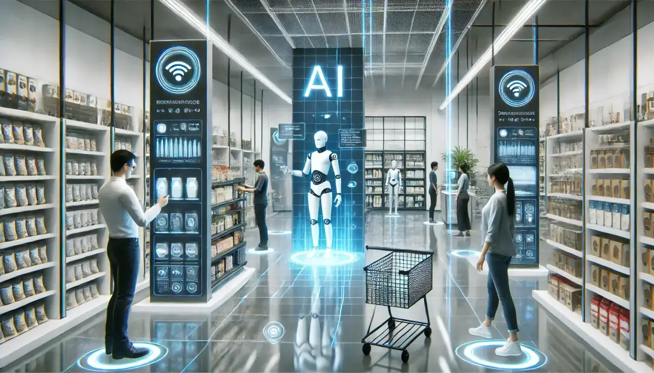 Menschen interagieren mit KI-gesteuerten Bildschirmen und Robotern in einem modernen Supermarkt. Ein Einkaufswagen steht bereit. Das ist einkaufen in der zukunft.