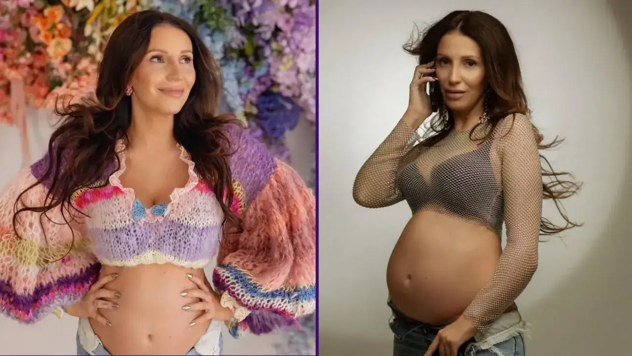 Dominika Serowska w ciąży, w kolorowym sweterku i błyszczącym topie.