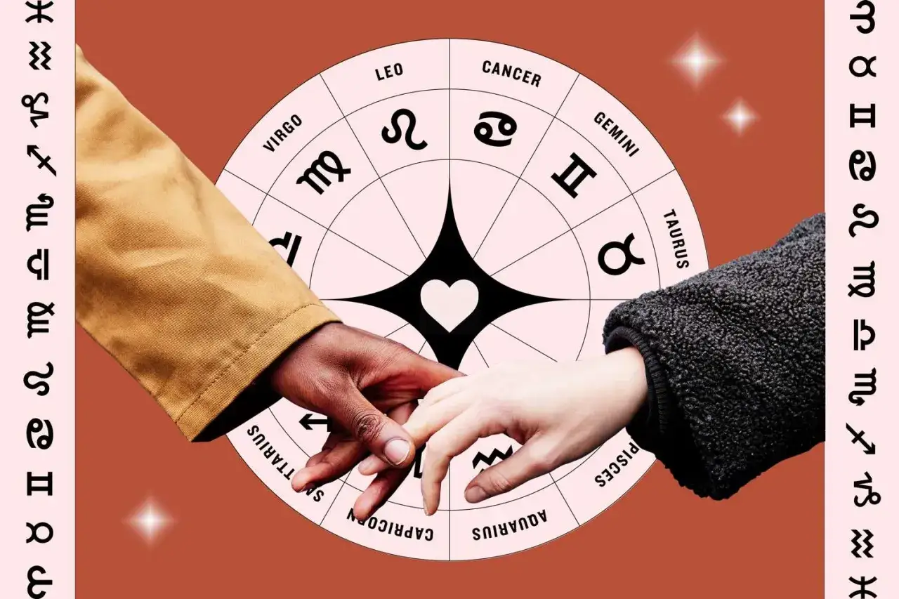 Dwie dłonie splatają się na tle koła zodiaku, symbolizując idealnego partnera dla Raka.
