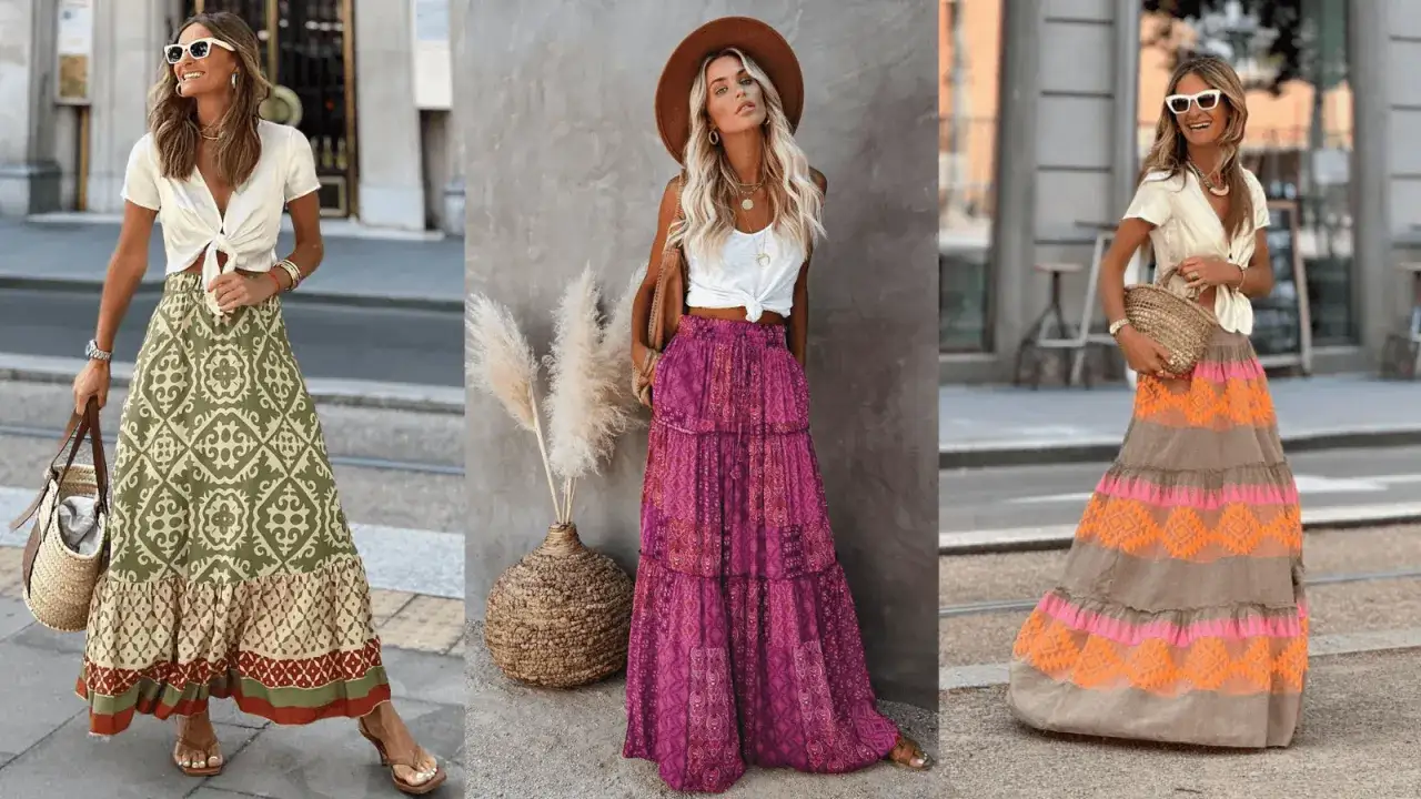 Tres looks boho chic verano: faldas largas estampadas y tops anudados, perfectos para un estilo relajado y veraniego.