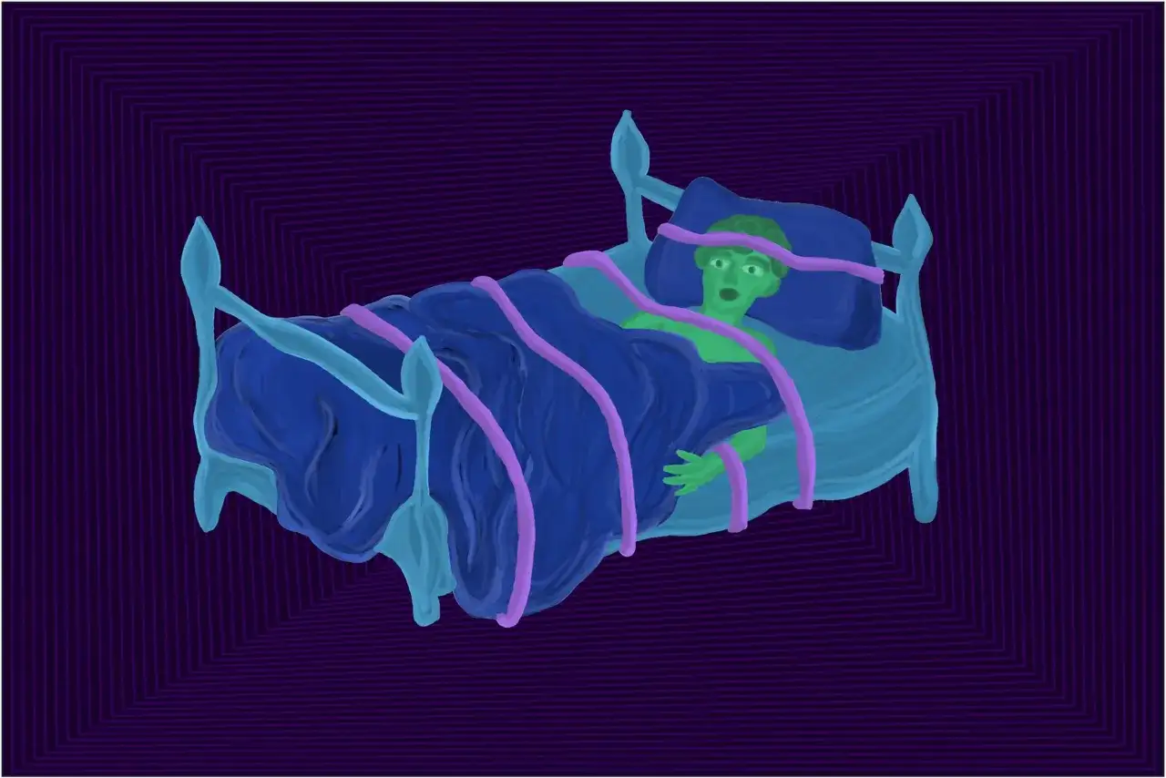 Grüne Figur im Bett, von lila Bändern umwickelt. Die Guarana-Wirkung auf die Psyche kann zu solch unruhigen Nächten führen.