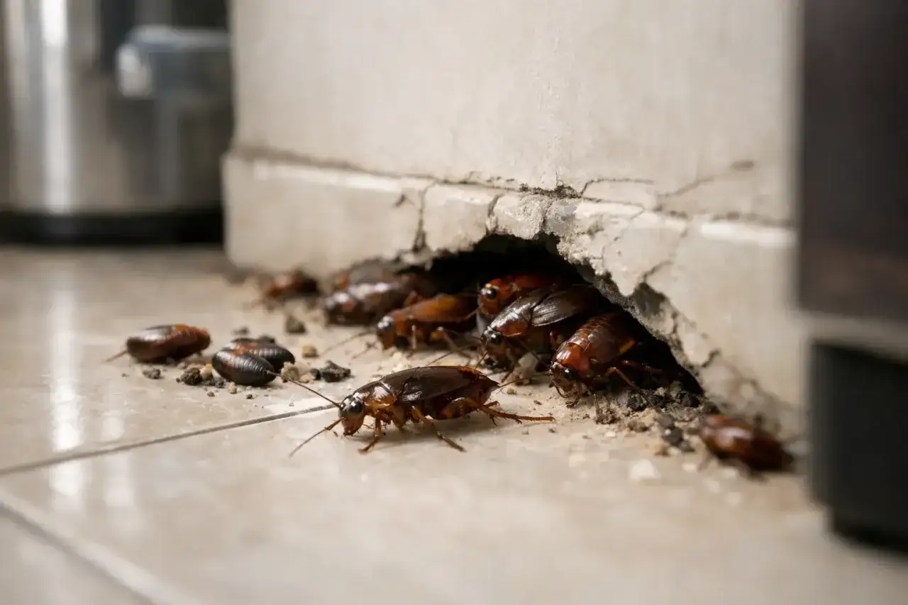 Un grupo de cucarachas se esconde en una grieta de la pared, revelando el lugar donde anidan las cucarachas.