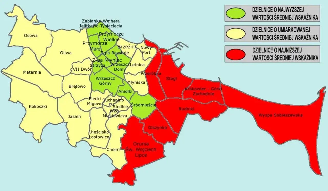Mapa Gdańska z podziałem na dzielnice i ich wskaźnikami cen mieszkań. Czerwone obszary to najniższe ceny, zielone najwyższe.